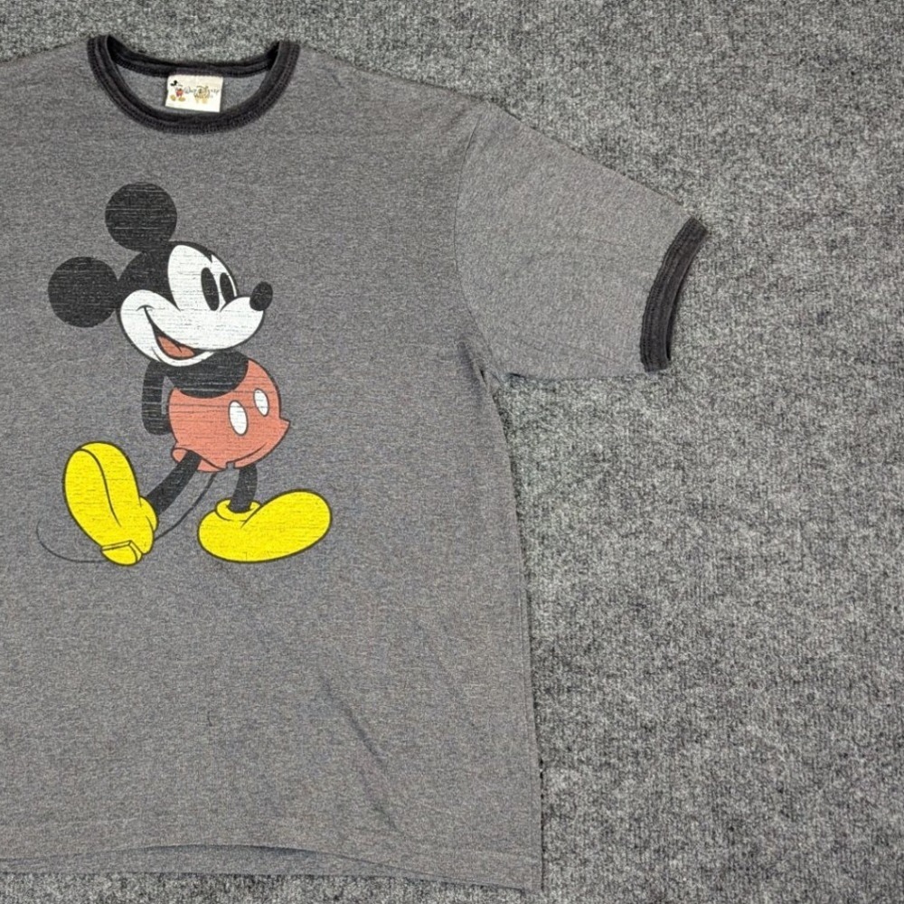 Walt Disney World Mickey Mouse Ringer T-Shirt Grey Made in USA Mens Medium